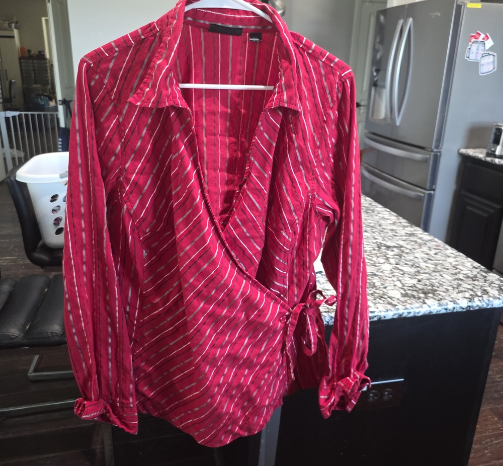 Avenue Red Striped Wrap Button-Down Blouse